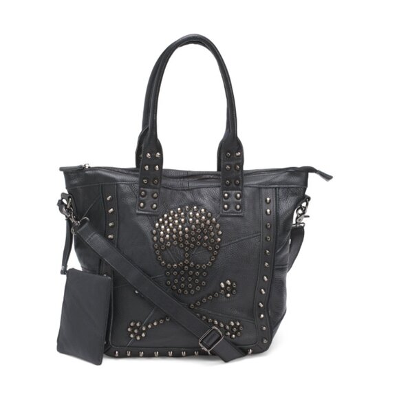 AMERILEATHER Black Leather Metal Studded Crossbone Bag - Picture 1 of 2